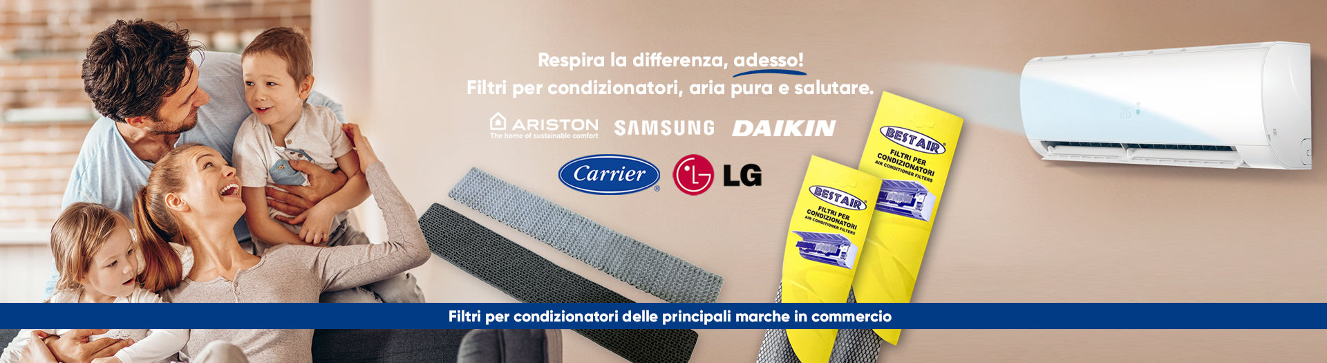 Banner promozionale di Aria Sana eRicambi mostrante una vasta gamma di filtri e accessori per condizionatori, ideali per migliorare la qualità dell'aria interna